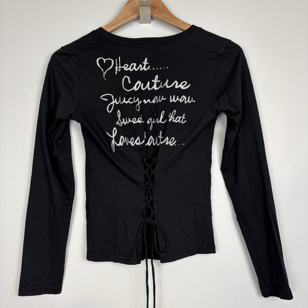 Y2K Vtg Iconic Juicy Couture Love Long Sleeve Top Sz Small Black Lace-Up